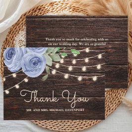 Rustic Wood String Ljus Blue Blommigt Bröllop Tack Kort