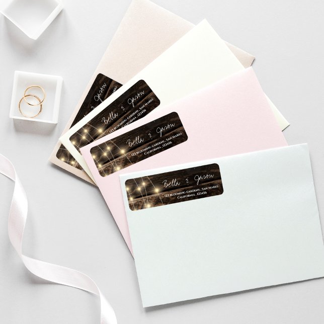 Rustic Wood String Ljus Bröllop Returadress Returadress Etikett (Skapare uppladdad)