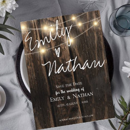 Rustic Wood String Ljus Bröllop spara datum Inbjudan Vykort