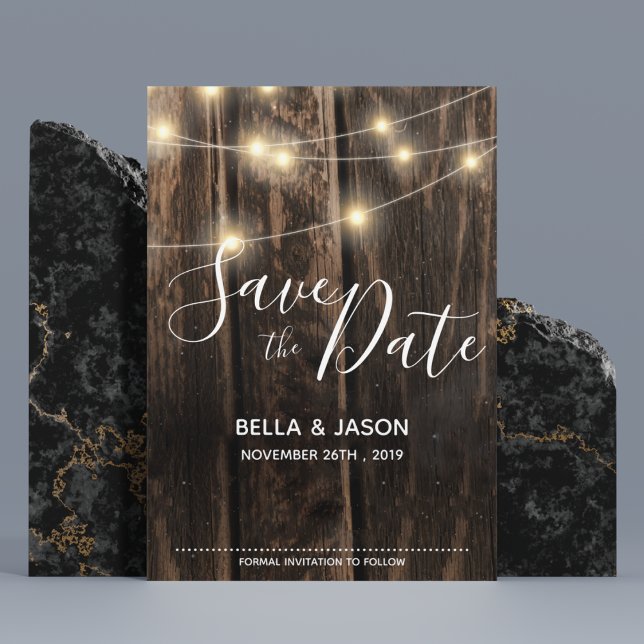 Rustic Wood String Ljus Bröllop spara datum Magnetisk Inbjudningskort (Rustic Wood String Lights Wedding Save The Date Magnetic Invitation)