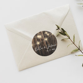 Rustic Wood String Ljus Bröllop Sticker Runt Klistermärke