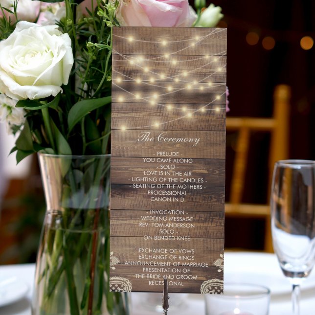 Rustic Wood & String Ljus | BRÖLLOPSPROGRAMMET SNÖ Program (Rustic Wood & String Lights | Lace Wedding Program)