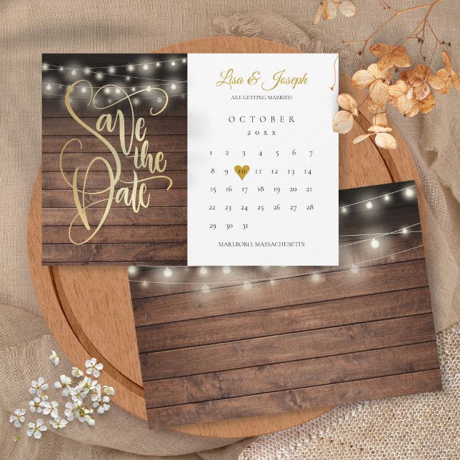 Rustic Wood String Ljus Calendar Guld Heart Spara Datumet (Rustic Wood String Lights Calendar Gold Heart Save The Date)