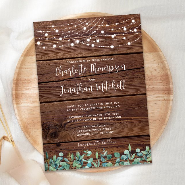 Rustic Wood String Ljus Eucalyptus Bröllop Inbjudningar (Skapare uppladdad)