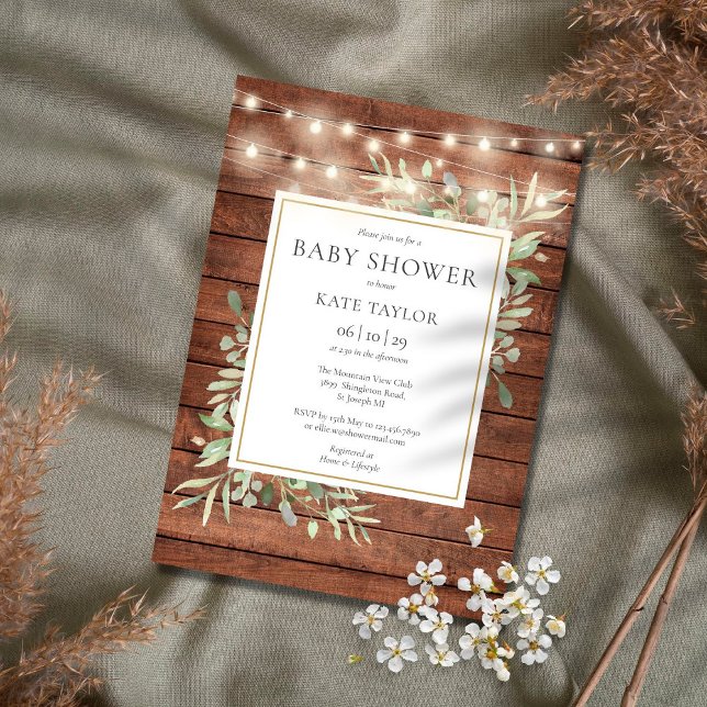 Rustic Wood String Ljus Greenery Baby Shower Inbjudningar (Skapare uppladdad)