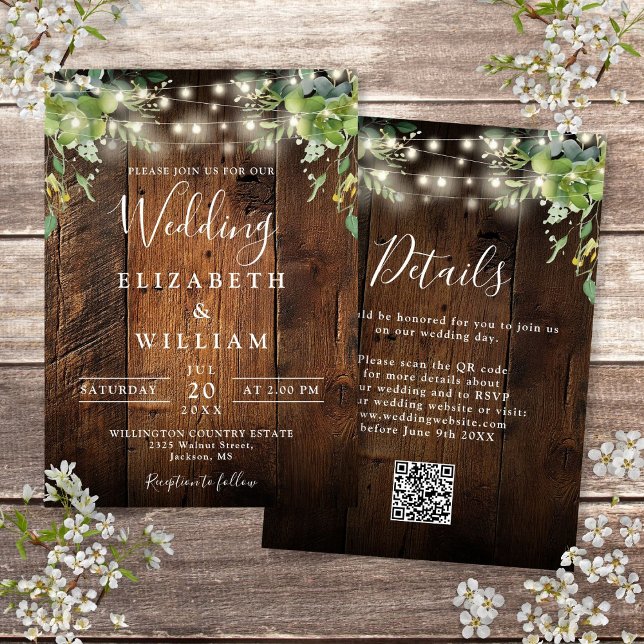 Rustic Wood String Ljus Greenery QR Code Bröllop Inbjudningar (Rustic Wood String Lights Greenery QR Code Wedding Invitation)