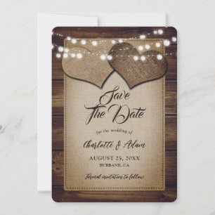Rustic Wood String Ljus Hearts Hessian Bröllop Spara Datumet