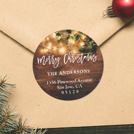 Rustic Wood String Ljus Helgdag Returadress Runt Klistermärke