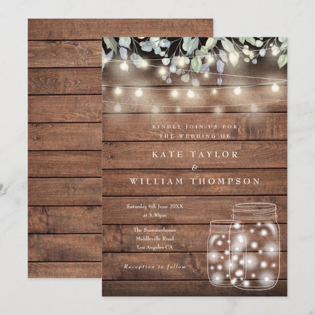 Rustic Wood String Ljus Mason Burk Bröllop Inbjudningar (Fram/baksida)