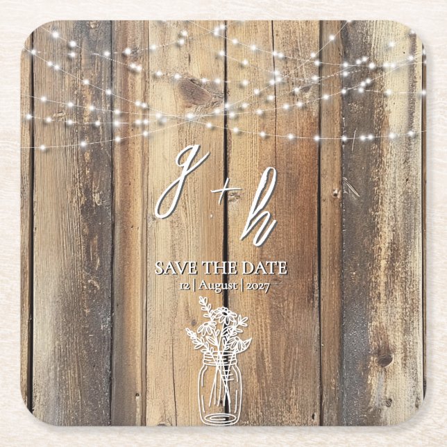 Rustic Wood String Ljus Mason Burk Sparar datumen Underlägg Papper Kvadrat (Framsidan)