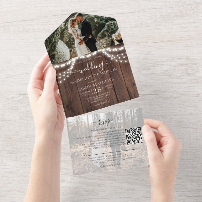 Rustic Wood String Ljus Photo QR Code Bröllop (Tearaway)