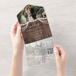 Rustic Wood String Ljus Photo QR Code Bröllop