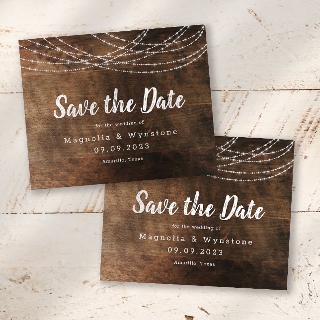 Rustic Wood String Ljus Push Script Bröllop Sav (Skapare uppladdad)