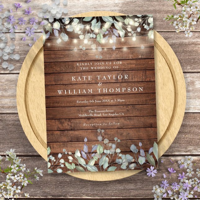Rustic Wood String Ljus Sage Lilac Bröllop Inbjudningar (Rustic Wood String Lights Sage Lilac Wedding Invitation)