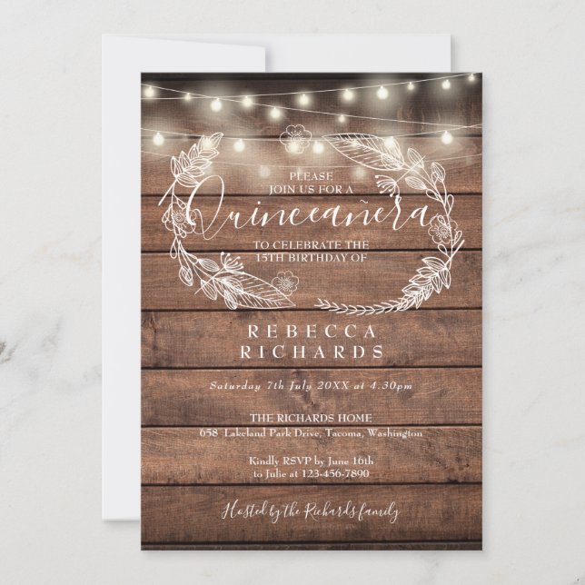 Rustic Wood String Ljus Script Quinceañera 15:e Inbjudningar (Framsida)
