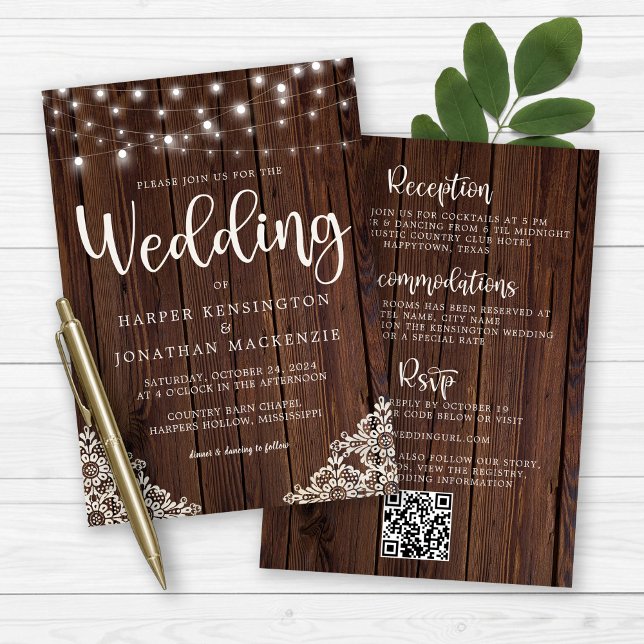 Rustic Wood String Ljus Snöre Allt på ena Bröllop Inbjudningar (Rustic Wood Lace and String Lights All In One Wedding Invitation)