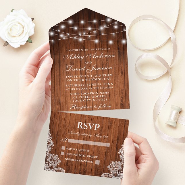 Rustic Wood String Ljus Snöre Bröllop (All In One Wedding Invitation with tear off RSVP Card)