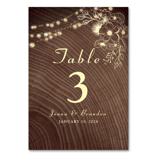 Rustic Wood String Ljus Snöre Bröllop Bordsnummer (Framsidan)