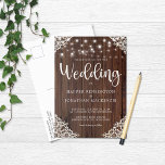 Rustic Wood String Ljus Snöre Bröllop Inbjudan Vykort<br><div class="desc">Rustic Wood and String Ljus Snöre bröllop Postcard som innehåller en rustik träbakgrund med tvillingsträngar av ljus och vintage stil snöre i grund i hörnen. Ord bröllop är avstängt i elegant men ändå är rustik typografi. skapar det här perfekten för din boho eller ditt landsbyggsbröllop.</div>