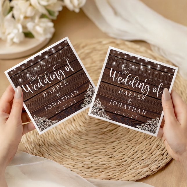 Rustic Wood String Ljus Snöre Bröllop Napkins Pappersservett (Rustic Wood String Lights Lace Wedding Napkins)