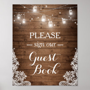 Rustic Wood String Ljus Snöre-signaturbok Poster
