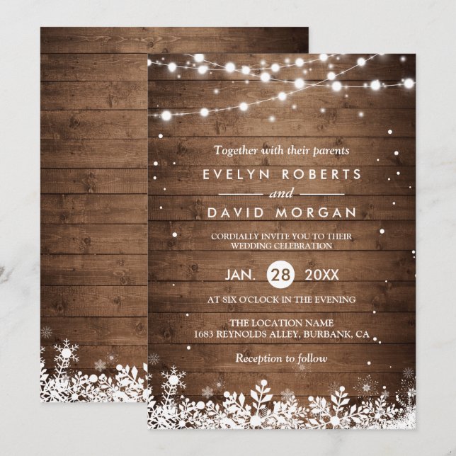 Rustic Wood String Ljus Snowflake Winter Wedding Inbjudningar (Fram/baksida)