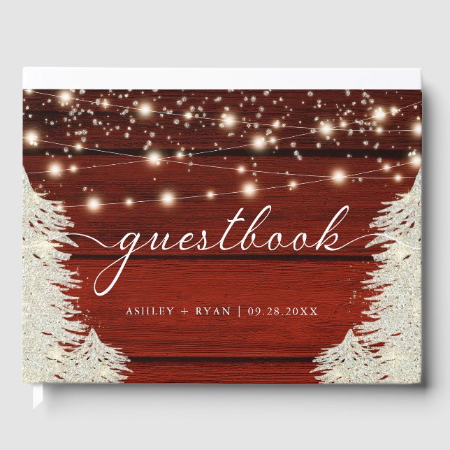 Rustic Wood String Ljus Träd Bröllop Guestbook Gästböcker (Framsida)