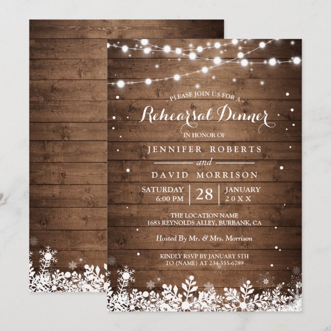 Rustic Wood String Ljus Winter Rehearsal Middag Inbjudningar (Fram/baksida)