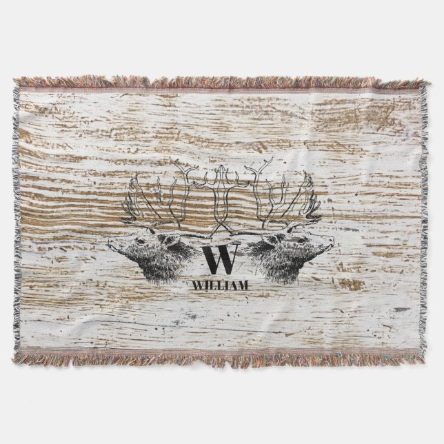 Rustic Wood Struktur Hjort Forest Monogram Filt (Framsidan)