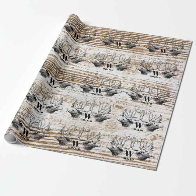 Rustic Wood Struktur Hjort Woodland Monogram Presentpapper (Utrullad)