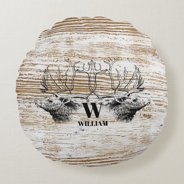 Rustic Wood Struktur Hjort Woodland Monogram Rund Kudde (Framsidan)