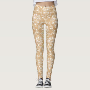 Rustic Wood Struktur med White Damask Pattern Leggings