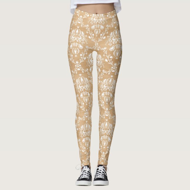 Rustic Wood Struktur med White Damask Pattern Leggings (Framsida)