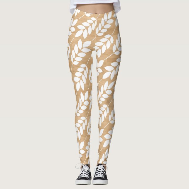 Rustic Wood Struktur med White Foliage Mönster Leggings (Framsida)