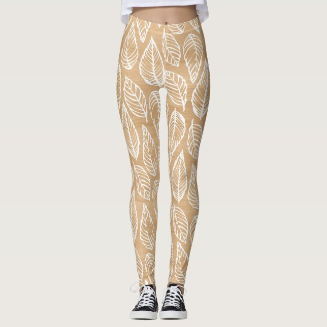 Rustic Wood Struktur med White Löv Mönster Leggings (Framsida)