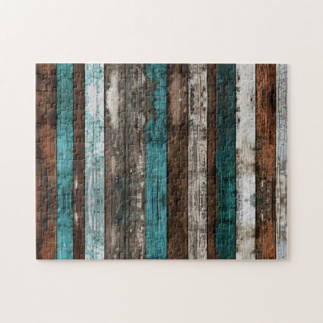 Rustic Wood Struktur Teal och Brown Boards Pussel (Horisontell)