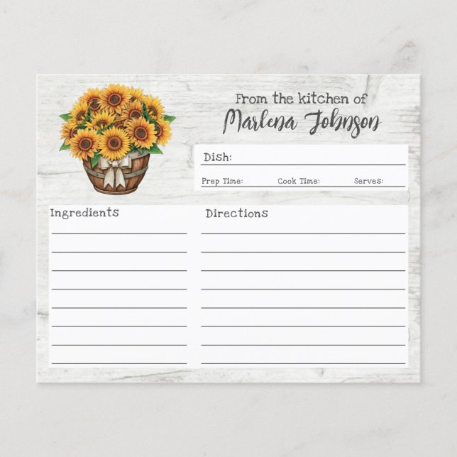 Rustic Wood & Sunblommor med personlig Recept Card Flygblad (Framsidan)