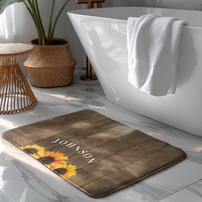 Rustic Wood & Sunblommor Personlig Bath Mat Badrumsmatta (Skapare uppladdad)