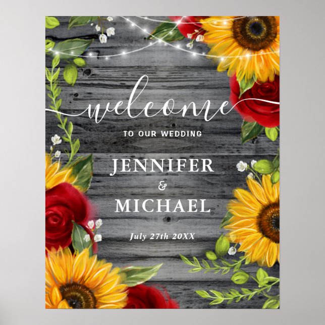 Rustic Wood Sunflower Rose Welcome Wedding Signs Poster (Framsidan)