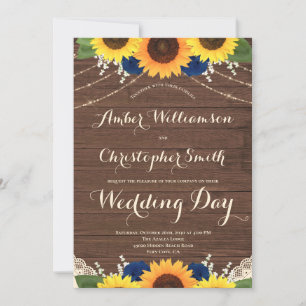 Rustic Wood Sunwers Navy Blue Ro Bröllop Inbjudningar
