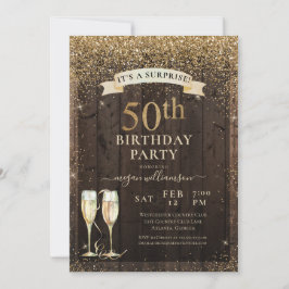 Rustic Wood Surprise 50:e Guld Glitter-födelsedage Inbjudningar