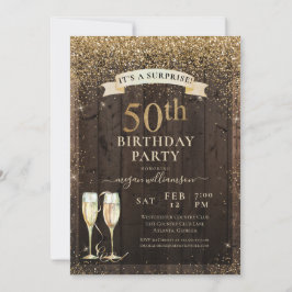 Rustic Wood Surprise 50:e Guld Glitter-födelsedage Inbjudningar