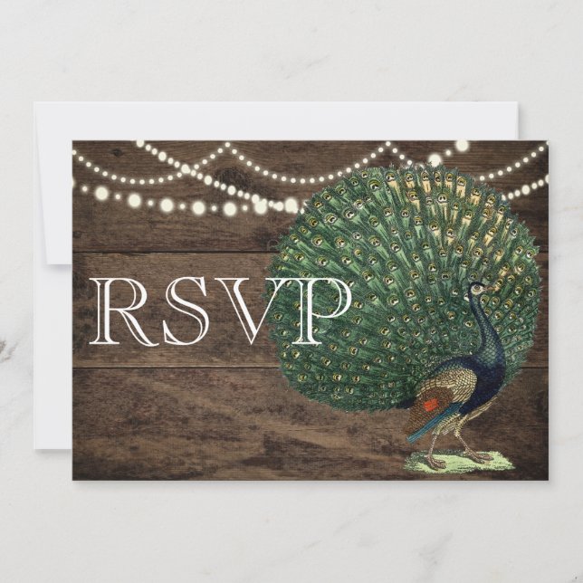 Rustic Wood Teal Feather Peacock Bröllop Card Inbjudningar (Framsida)