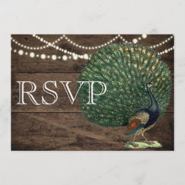Rustic Wood Teal Feather Peacock Bröllop Card Inbjudningar