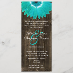 Rustic Wood Teal Gerber Daisy bröllop Inbjudningar