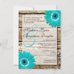 Rustic Wood Teal Gerber Daisy bröllop Inbjudningar
