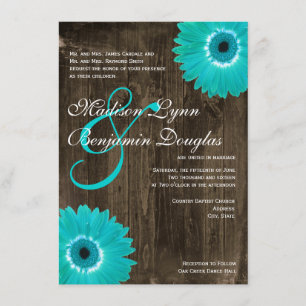 Rustic Wood Teal Gerber Daisy bröllop Inbjudningar