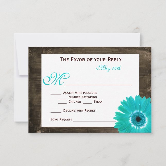 Rustic Wood Teal Gerber Daisy Bröllop OSA Cards Kort (Framsida)