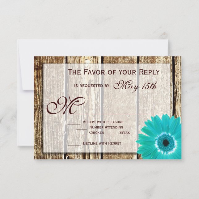 Rustic Wood Teal Gerber Daisy Bröllop OSA Cards Kort (Framsida)