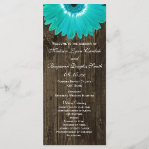 Rustic Wood Teal Gerber Daisy Bröllopsprogram 2 Program